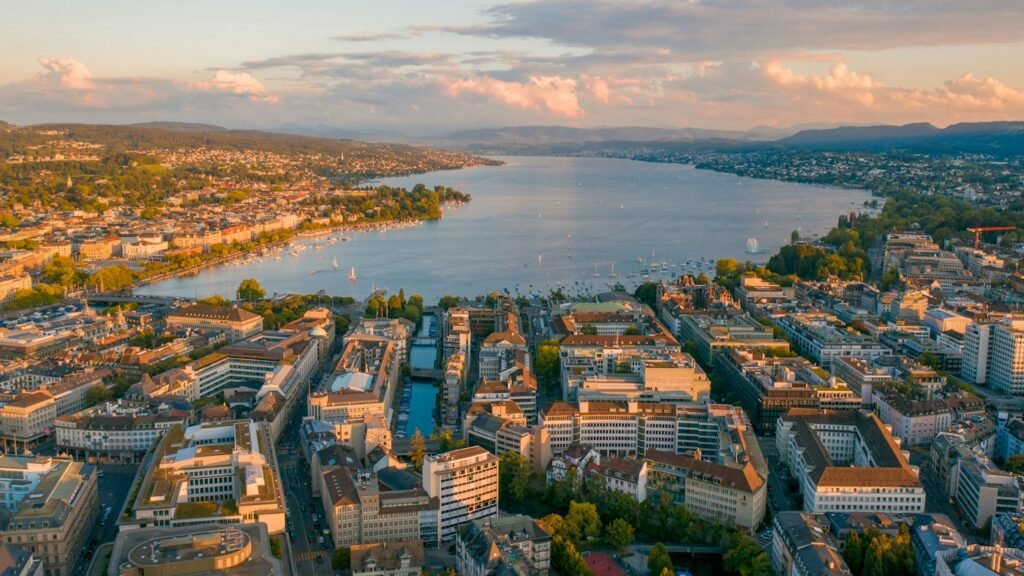 Zurich city and waterfront, destination illustration